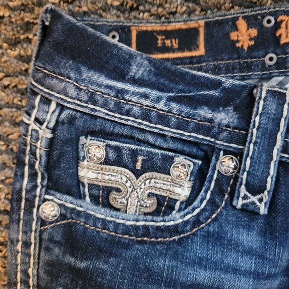 Rock Revival Fay Easy Boot Distressed Jeans Size 27 Rhinestone Pocket Bling - Picture 4 of 13